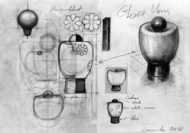 Hand drawn pencil sketch of a glass urn design, with shape studies and colour notes